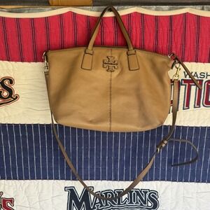 Tory Burch Mcgraw Cream Pebble Leather Top Zip Satchel Crossbody